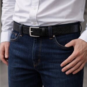 Ferrakiss Genuine Leather Belt Black Floral Embossed 40” Fits 38” NEW w Box